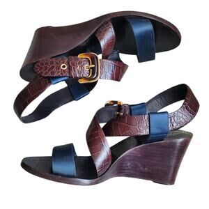 Giorgio Armani Wedge Sandals Crocodile-Embossed Leather - Size 36